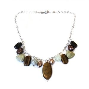 Sterling Silver Earth Tone Gemstone Dangles Chain Necklace Tiger's Eye Pearl